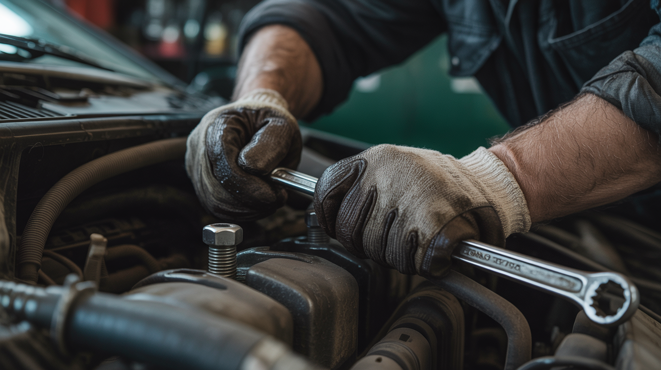 Mechanic hands working on car engine