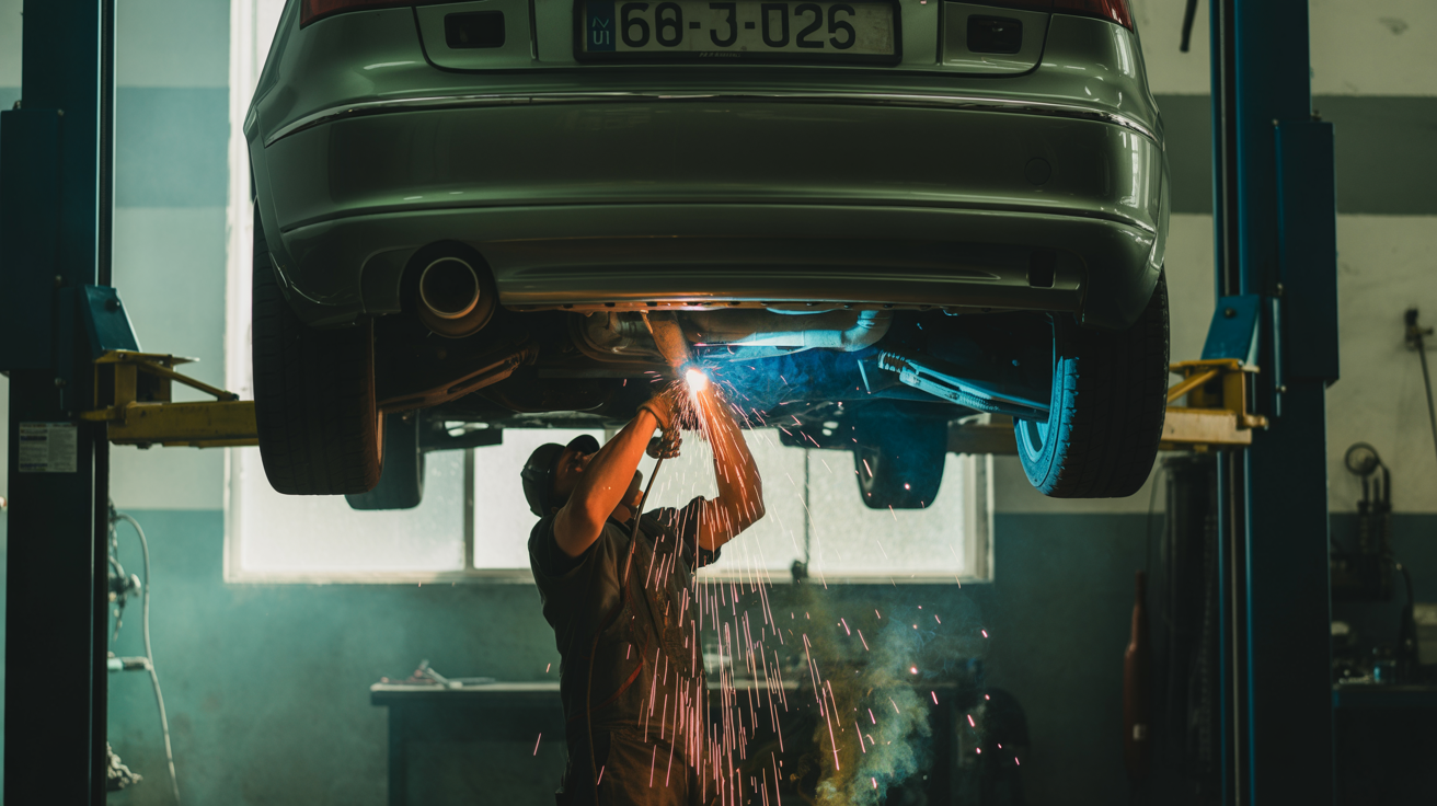 Mechanic working on vehicle undercarriage with sparks flying